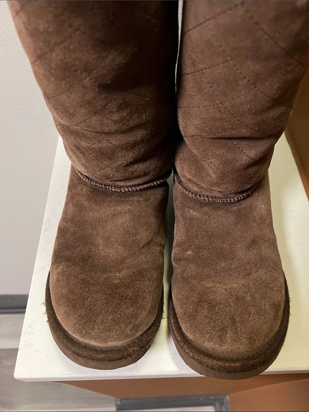UGG Brown Suede Shearling-Lined Tall Boots with quilted stitching Size 6 Women's